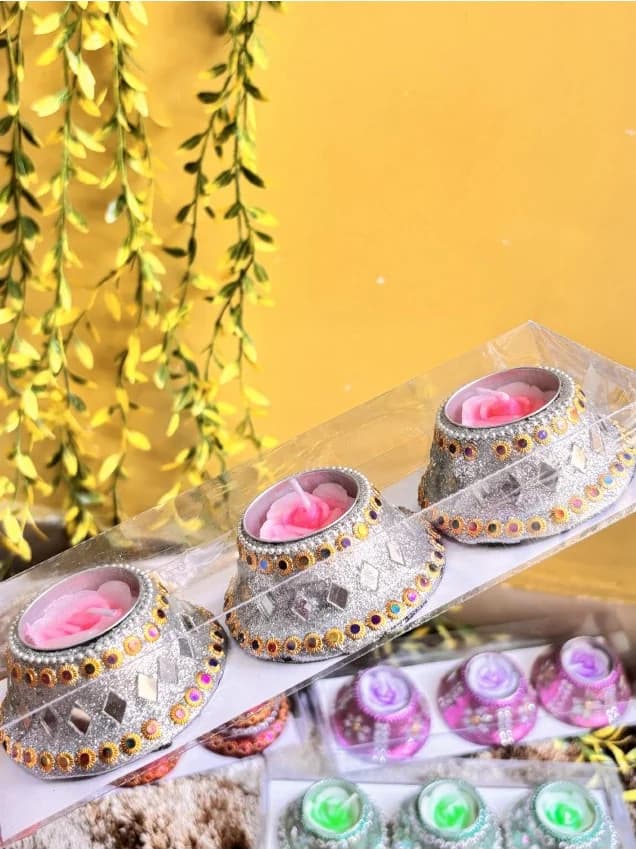 Silver & Pink Rose Candle Trio